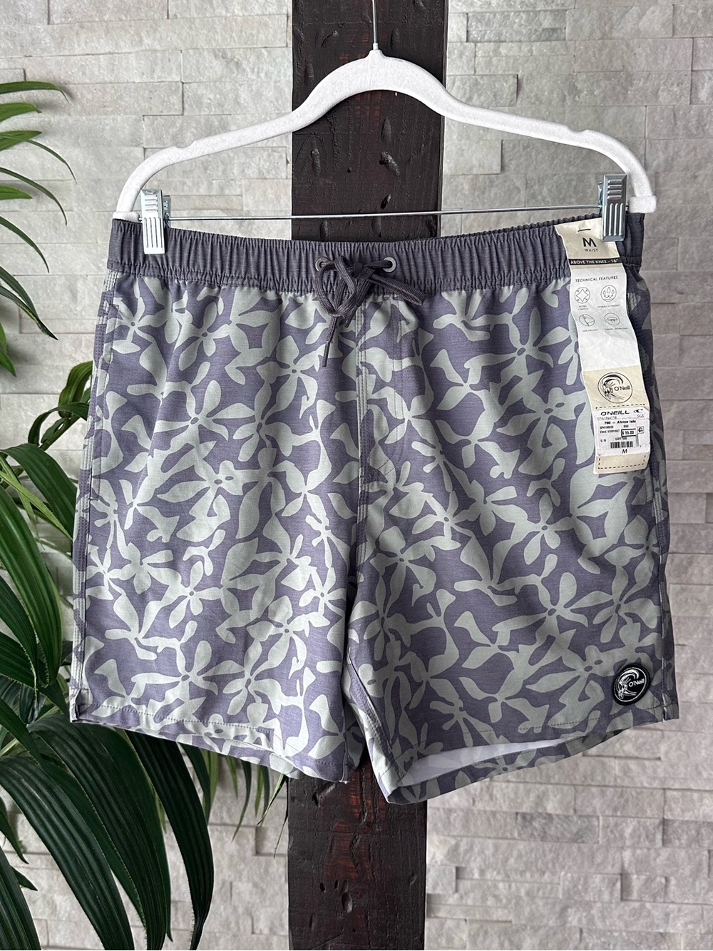 O'Neill Gray Green Tropical Leaf-Print Swim Trunks Size M New with tags